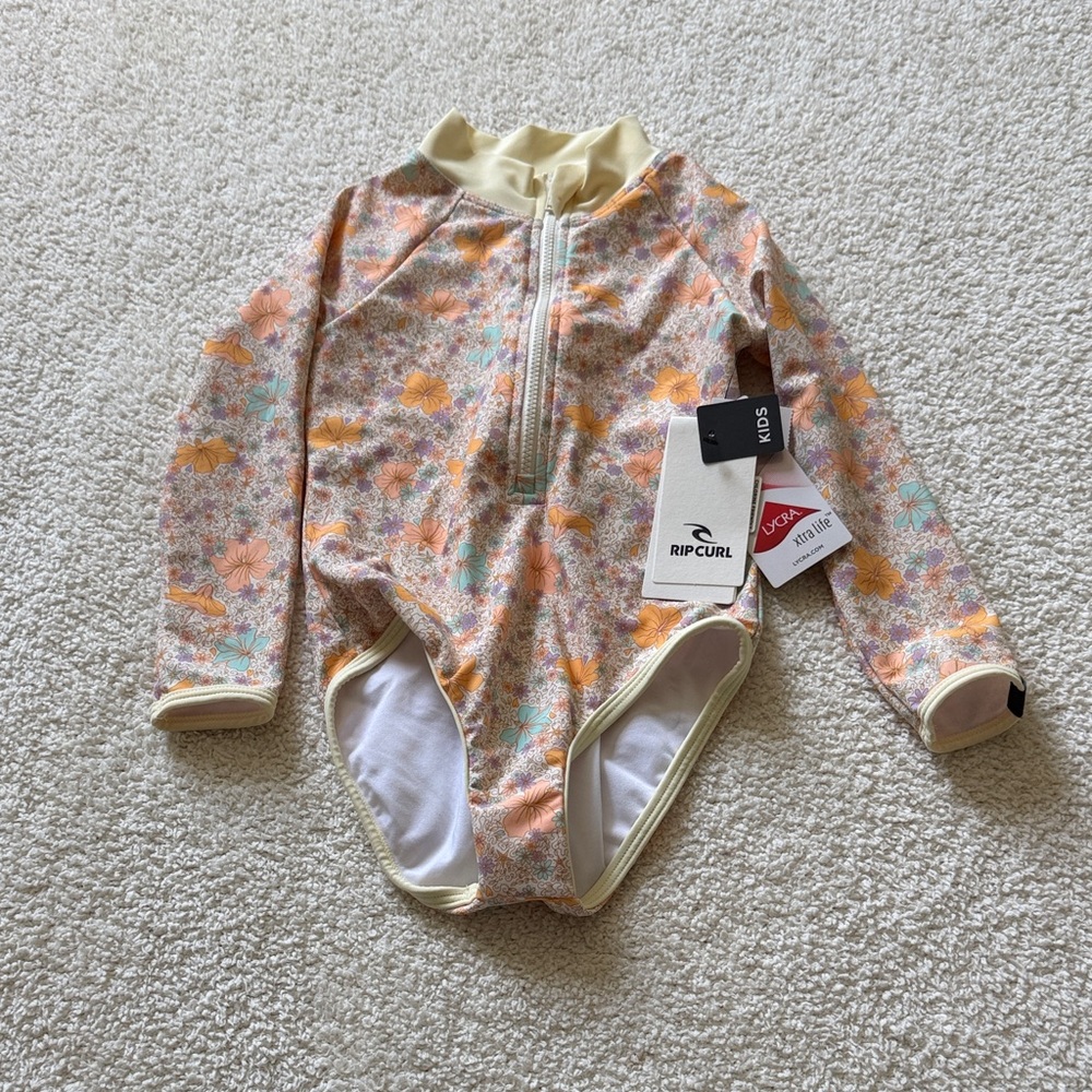 Rip Curl Girls' Pastel Floral Long Sleeve One-Piece - Peach, Mint, Cream